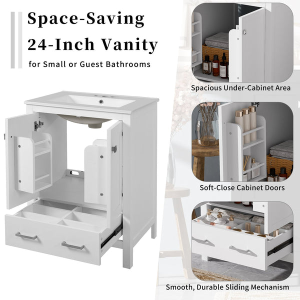 English Elm 24-inch Modern Bathroom Vanity with Ceramic Sink, Soft-Close Doors, Drawer Divider & Ample Storage White N729P299440K