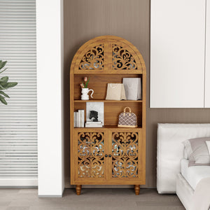 English Elm Vintage Hand-carved Solid Wood Bookcase Tall Arched Open Shelf Cabinet for Living Room W3123P485777