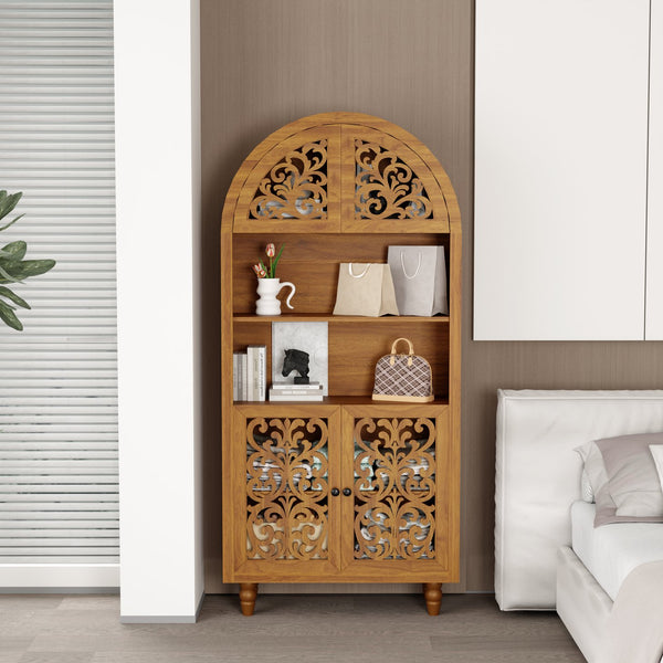 English Elm Vintage Hand-carved Solid Wood Bookcase Tall Arched Open Shelf Cabinet for Living Room W3123P485777