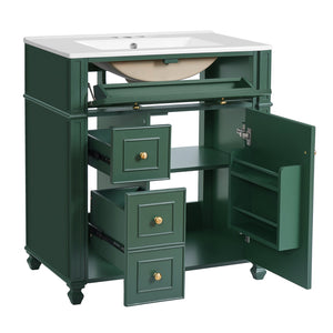 English Elm Bathroom Vanity with Sink French-Inspired 30" Ceramic Basin Vanity Cabinet with Soft-Close Doors & Drawer Organizer Green N710P286723F
