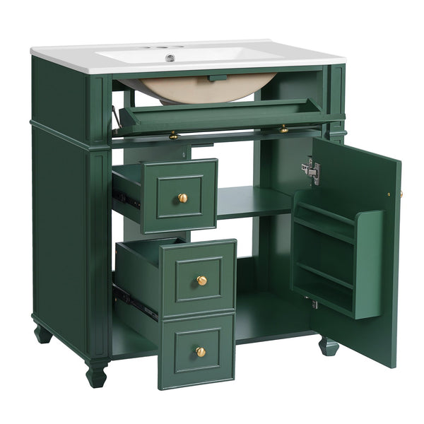 English Elm Bathroom Vanity with Sink French-Inspired 30" Ceramic Basin Vanity Cabinet with Soft-Close Doors & Drawer Organizer Green N710P286723F