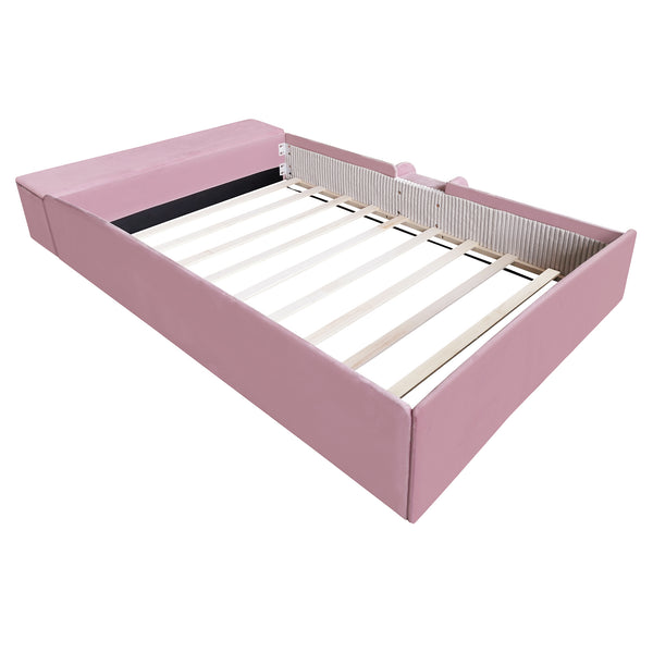 English Elm Full Size Kids Velvet Platform Daybed with Storage Ottoman Staircase Padded Rails Pink+White SF000202AAH