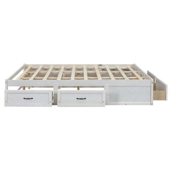 English Elm Queen Platform Bed with Six Storage Drawers Low Profile Frame for Modern Bedrooms Antique White N708P263022K-1