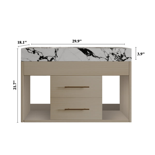 English Elm 29.9" Floating Bathroom Vanity Sintered Stone Top Soft Close Drawers Bronze Gold Hardware White+Black,Wood W3136S00035