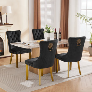 English Elm Mid-Century Tufted Velvet Dining Chair with Lion Head Ring, Nailhead Trim, Solid Wood Legs Black W1143P193168