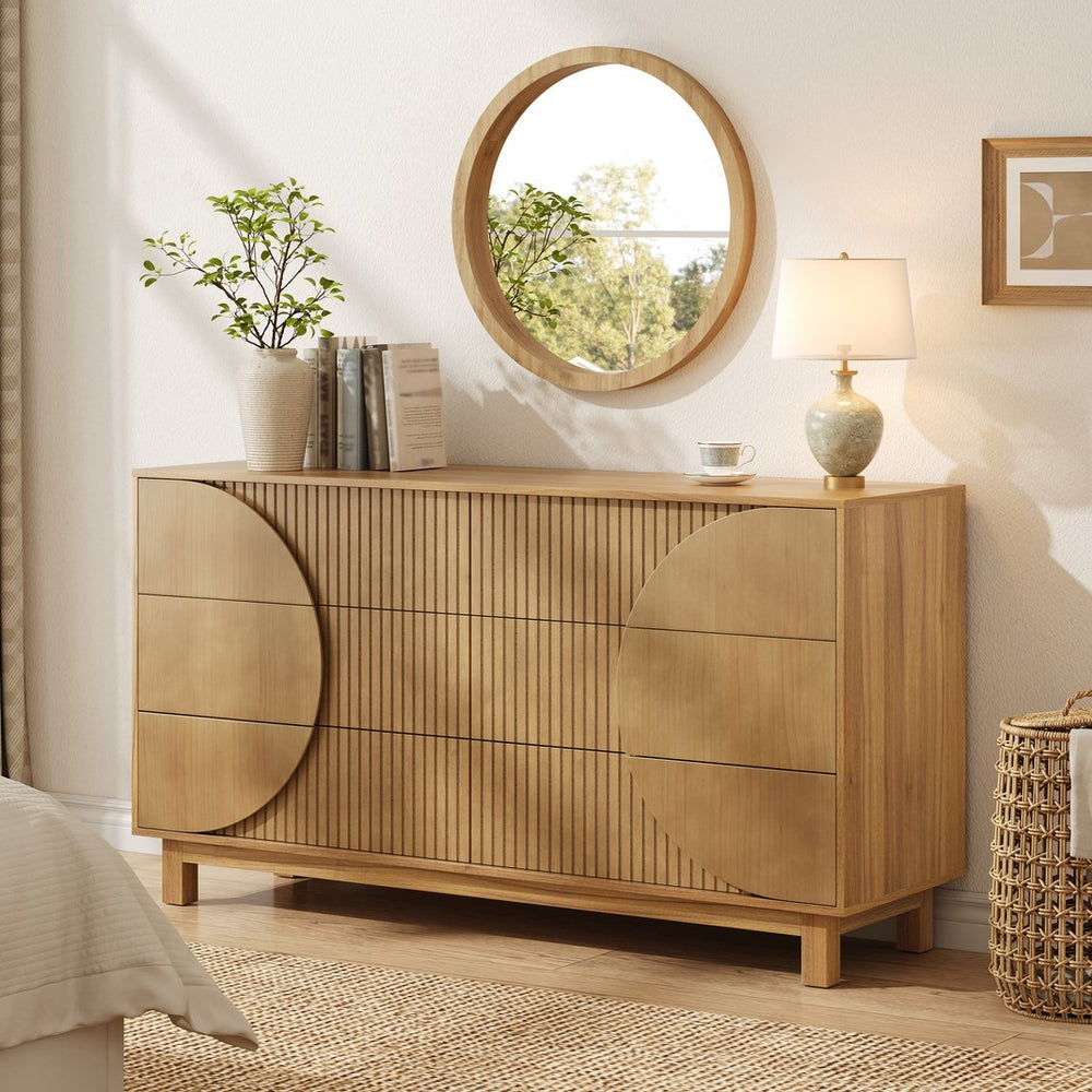 English Elm Modern Fluted 6 Drawer Dresser with Solid Wood Legs Japandi Chest for Bedroom Brown N739S0000015N