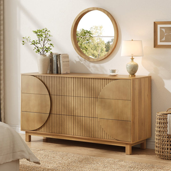 English Elm Modern Fluted 6 Drawer Dresser with Solid Wood Legs Japandi Chest for Bedroom Brown N739S0000015N