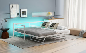 English Elm Twin Metal Daybed with LED Lighting and Adjustable Pop-Up Trundle, Industrial Steel Frame, Heavy-Duty Support White N750P244915K