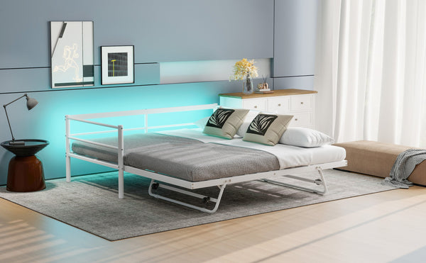 English Elm Twin Metal Daybed with LED Lighting and Adjustable Pop-Up Trundle, Industrial Steel Frame, Heavy-Duty Support White N750P244915K
