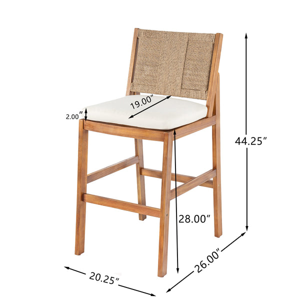 English Elm 4 Piece Outdoor Acacia Wood Wicker Bar Stools Set with Cushioned Patio Seating Cream,Light Brown,Teak N773OB00133B
