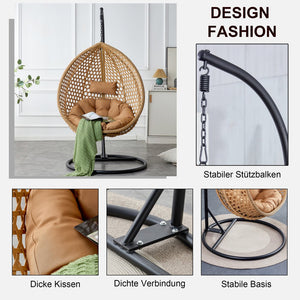 English Elm 76.8-inch Hand Woven Rattan Egg Swing Chair Indoor Outdoor with Cushion Lumbar Pillow Yellow W1512P498594