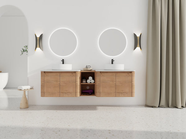 English Elm 72'' Wall-Mounted Bathroom Vanity With Ceramic Sink, Soft-Close Doors & Ample Storage Shelves W999S00416