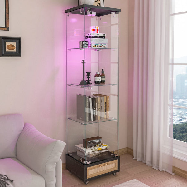English Elm Modern Glass Display Cabinet With Led Lighting - Space-Saving Antique Storage For Living Room & Bedroom W241P268205