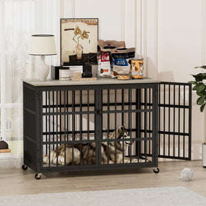 English Elm Furniture style dog crate with sturdy steel frame, particle board top for 150lb storage, fits dogs up to 70lb Grey W1162119832