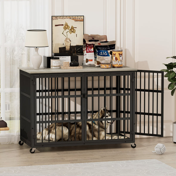 English Elm Furniture style dog crate with sturdy steel frame, particle board top for 150lb storage, fits dogs up to 70lb Grey W1162119832