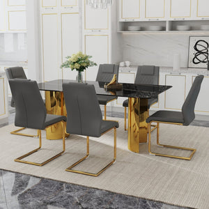 English Elm Table Modern Luxury Dining Set With Glass Top, Imitation Marble Design, 6 Comfortable Pu Chairs W1151S04330-GIGA