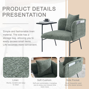 English Elm Leisure Linen Accent Chair with Built-in Side Table Pockets and Lumbar Pillow Modern Emerald W395P453314