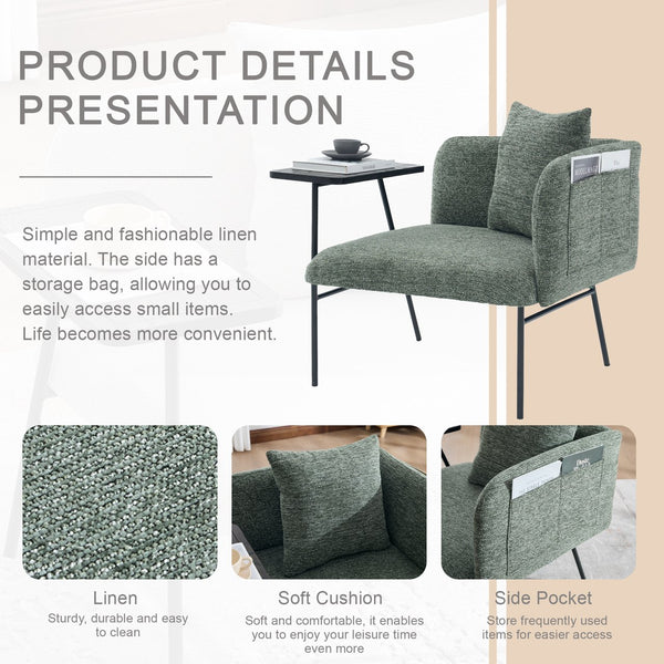 English Elm Leisure Linen Accent Chair with Built-in Side Table Pockets and Lumbar Pillow Modern Emerald W395P453314