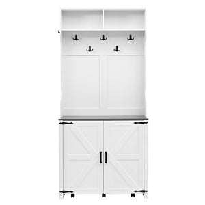 English Elm On-Trend Farmhouse 4-In-1 Hall Tree With Movable Bench, 7 Hooks, Shoe Storage & Barn Doors, White N721P205788K-GIGA