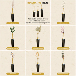 English Elm 3-piece Handcrafted Metal Floor Vase Set Matte Finish Architectural Trio for Entryway Black+Gold W2796P446204