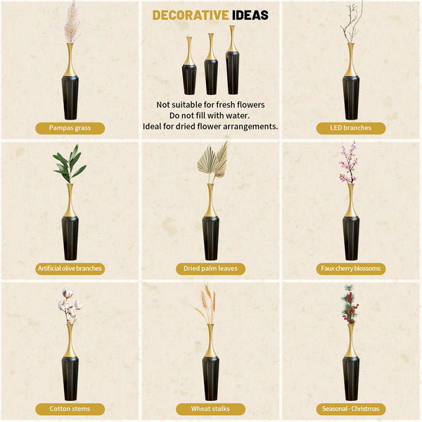 English Elm 3-piece Handcrafted Metal Floor Vase Set Matte Finish Architectural Trio for Entryway Black+Gold W2796P446204