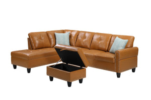 English Elm Black Faux Leather Sectional Sofa with Cup Holders Storage Ottoman and Nailhead Trim Ginger B2730S00020