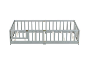English Elm Twin Size Floor Bed With Built-In Fence & Door, Eco-Friendly Rubberwood Frame For Kids' Safety & Style W504P286372-GIGA