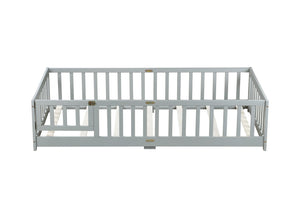 English Elm Twin Low Profile Rubberwood Floor Bed with Full Safety Fence for Toddler Rooms Grey W504P429267