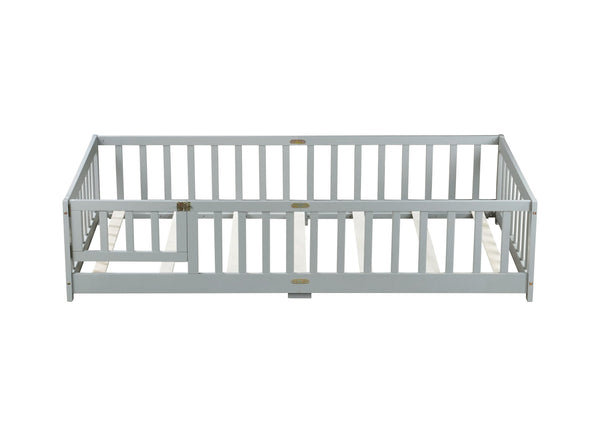 English Elm Twin Low Profile Rubberwood Floor Bed with Full Safety Fence for Toddler Rooms Grey W504P429267