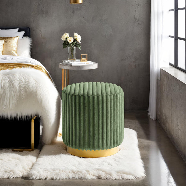 English Elm Green Fur Round Accent Stool 18"H Channel‑Tufted Velvet Look Upholstery Gold Stainless Base Modern Luxe B2741P388369