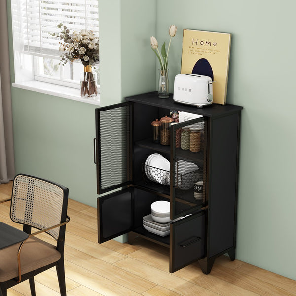 English Elm Storage Cabinet Matte Iron Four Door Sideboard with Adjustable Shelf for Modern Interiors Black W3151P407882
