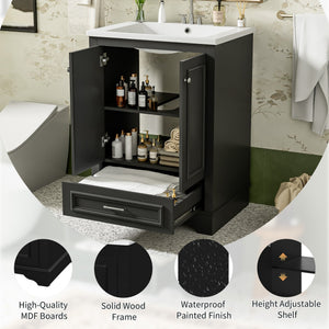 English Elm 24'' Bathroom Vanity with Ceramic Sink Combo Modern Freestanding MDF Cabinet with Soft-Close Doors and Sleek Silver Handles for Spacious Organized Bathroom Storage Black N710P194893B