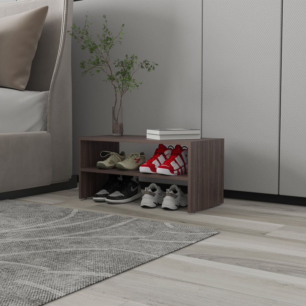 English Elm Gray Gray Walnut Shoe Rack with 2 Shelves — Compact 2-Tier Melamine Organizer, Durable Rectangular Design for Neat Entryway Storage and Modern Style B062P389897