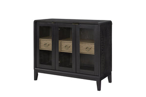 English Elm Glass Door Server Peppercorn - Elm Veneer Black & Latte Contrast, Glass Doors, Drawers for Dining Storage B2699P402560