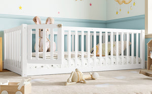 English Elm Twin Floor Bed Pine Wood Frame with Guardrails and Door for Safe Toddler Sleep W1580P417668