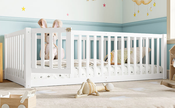 English Elm Twin Floor Bed Pine Wood Frame with Guardrails and Door for Safe Toddler Sleep W1580P417668
