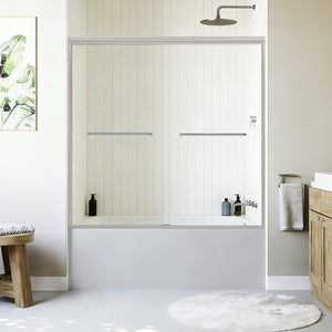 English Elm 56" Frameless Sliding Shower Door Tempered Glass Soft Close Matte Hardware Alcove Fit Brushed Nickel W1920P385336