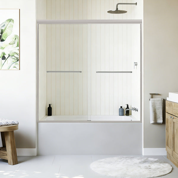 English Elm 56" Frameless Sliding Shower Door Tempered Glass Soft Close Matte Hardware Alcove Fit Brushed Nickel W1920P385336