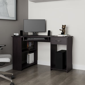 English Elm Wenge L-Shaped Computer Desk with Drawer, Shelves & Ventilated CPU Space — Modern Home Office Hub B062P389917
