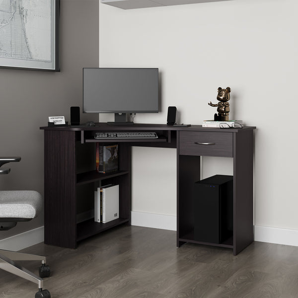 English Elm Wenge L-Shaped Computer Desk with Drawer, Shelves & Ventilated CPU Space — Modern Home Office Hub B062P389917