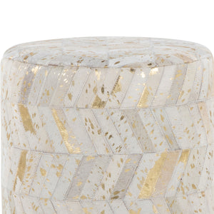 English Elm Leather Round Ottoman with Gold Splatter Faux Upholstery and Glam Metal Base B202P471512