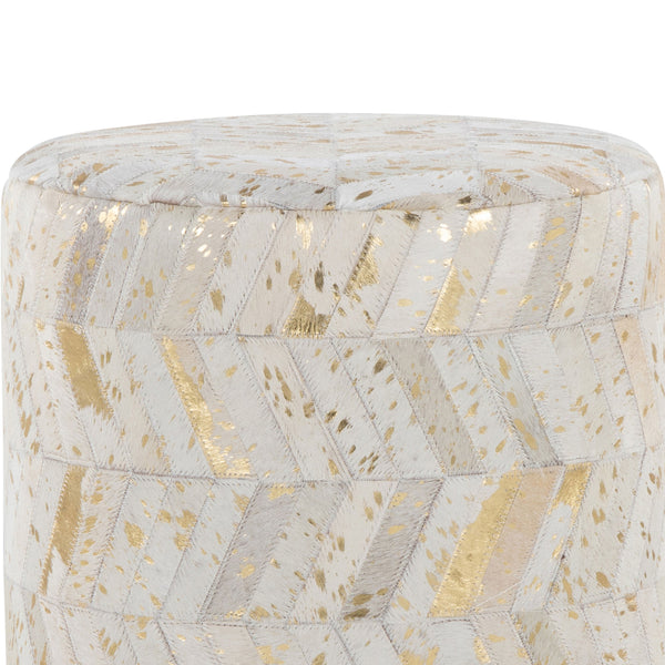 English Elm Leather Round Ottoman with Gold Splatter Faux Upholstery and Glam Metal Base B202P471512