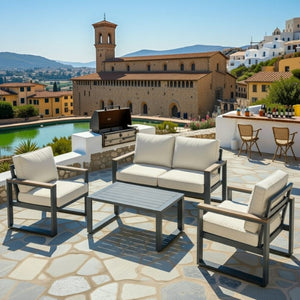 English Elm All-weather Aluminum Patio Conversation Set with Deep Cushions and Tempered Glass Table Beige+Grey B082S00117