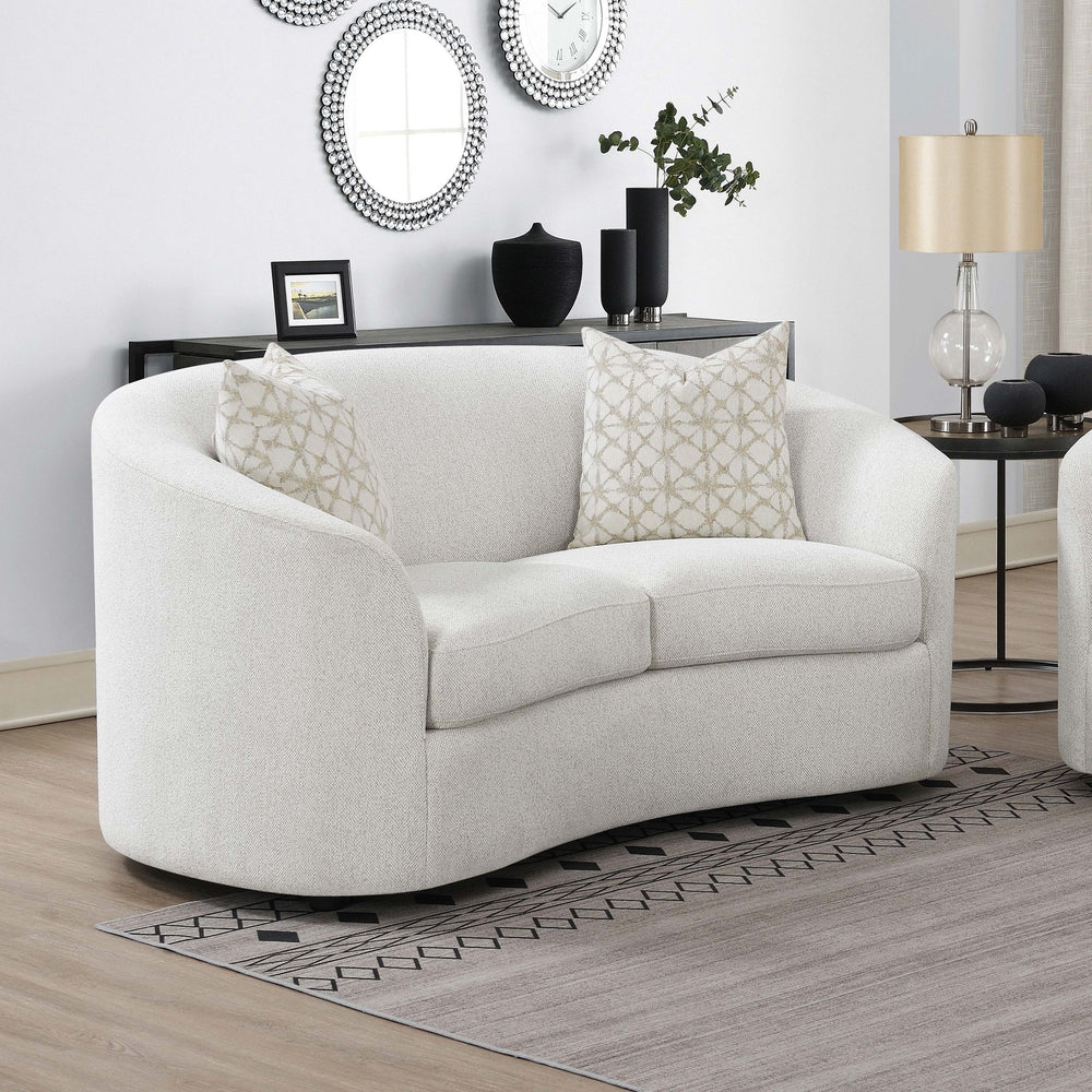 English Elm Rory Curved Latte Bouclé Loveseat with Sloped Arms and Down-Filled Pillows — Vintage Glam Seating B062P358090