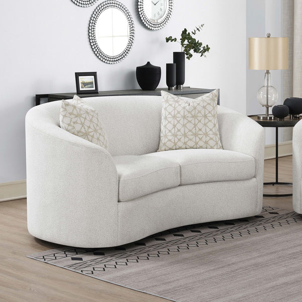 English Elm Rory Curved Latte Bouclé Loveseat with Sloped Arms and Down-Filled Pillows — Vintage Glam Seating B062P358090