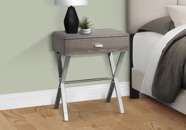 English Elm Accent Elegant Modern Side Table with Glossy Laminate, Chrome Base and Drawer for Living Spaces taupe 22 L x 14 W x 7 H B2710P219242