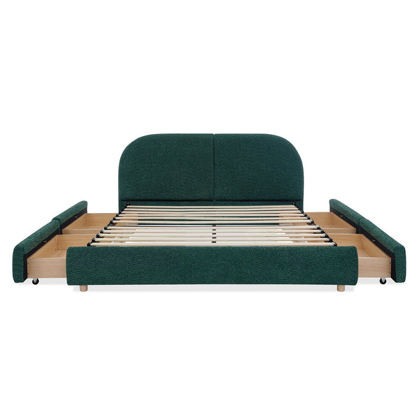 English Elm Queen Platform Bed Curved Headboard Circle Yarn Fabric with Four Wheeled Storage Drawers Green W487S00478