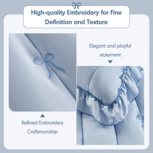 English Elm 3-piece Reversible Microfiber Quilt Set Bow Embroidery Ruffled Trim Romantic Bedroom Blue B035P482883