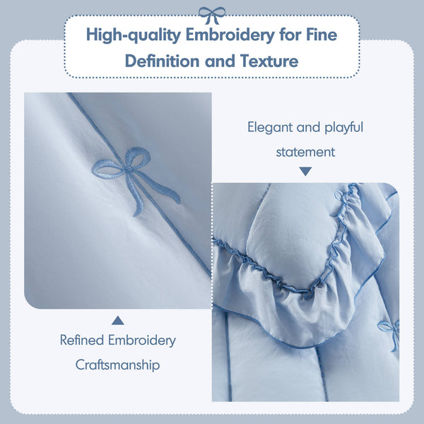English Elm 3-piece Reversible Microfiber Quilt Set Bow Embroidery Ruffled Trim Romantic Bedroom Blue B035P482883