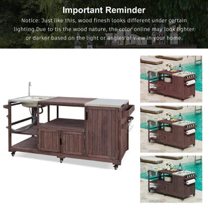 English Elm K&k Solid Fir Outdoor Kitchen Island with Sink Stainless Steel Top and Grill Cutout Brown N707S000022Z